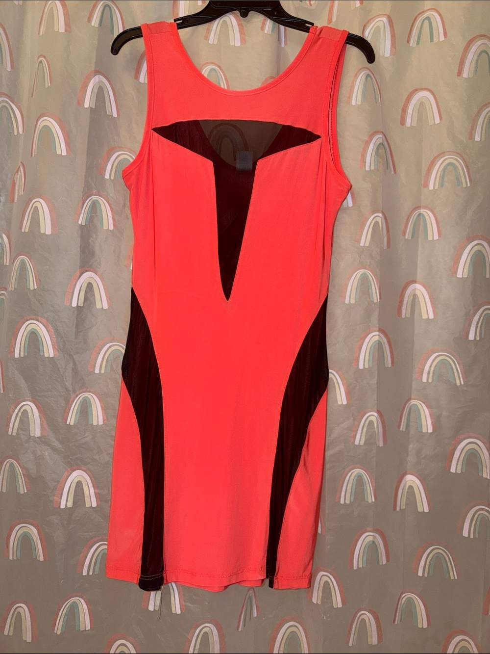 Coral & Black Sleeveless Mesh-Inset Mini Dress